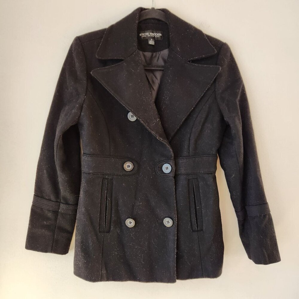 Steve Madden Black Wool Pea Coat Mid Length Classic Jacket Double Breasted S
